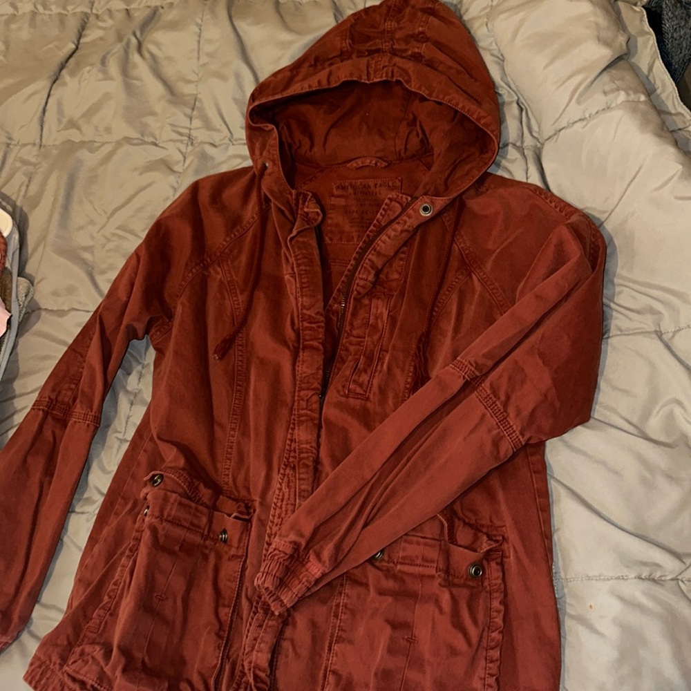 Red hooded jacket
